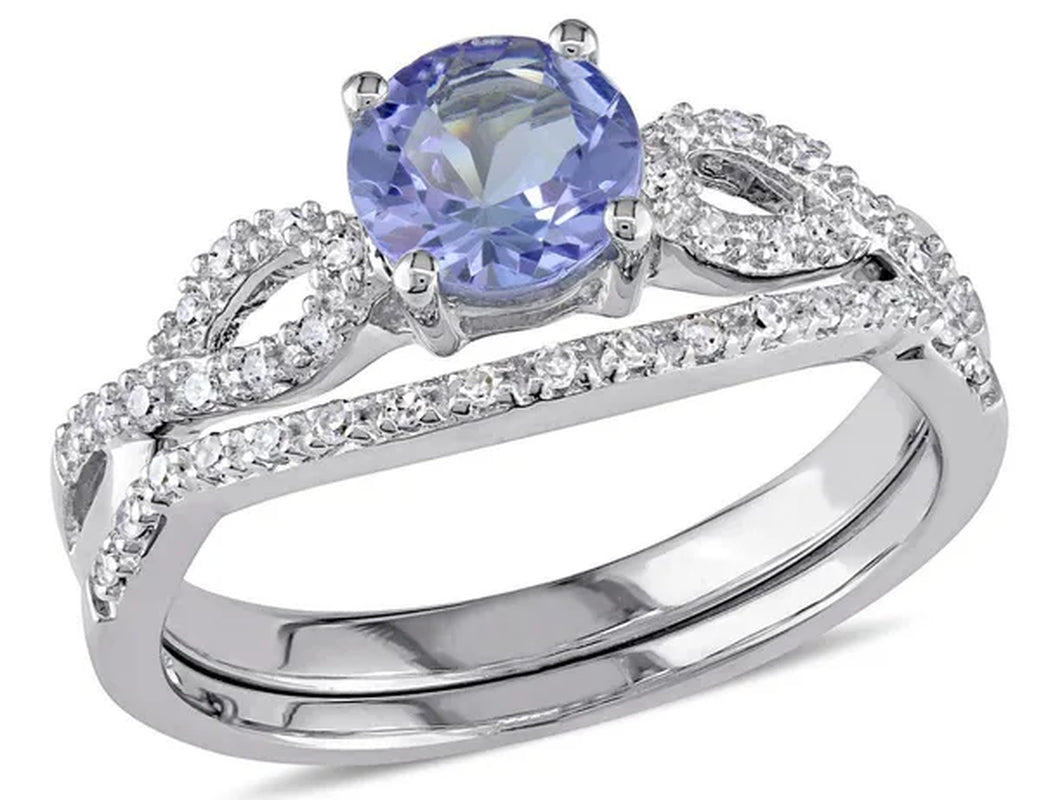 1.00 Carat (Ctw) Tanzanite Engagement Ring & Wedding Band in 10K White Gold with Diamonds