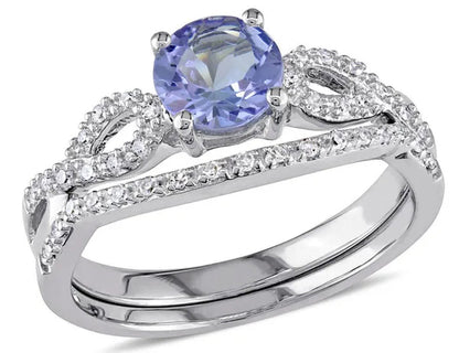 1.00 Carat (Ctw) Tanzanite Engagement Ring & Wedding Band in 10K White Gold with Diamonds