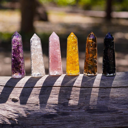 Healing Crystal Wand Set of 6 Orgonite – Includes 3” Amethyst Crystal, Tigers Eye, Rose Quartz, Black Tourmaline Stone, Citrine and Clear Quartz Orgone Crystal plus Black Tourmaline Necklace