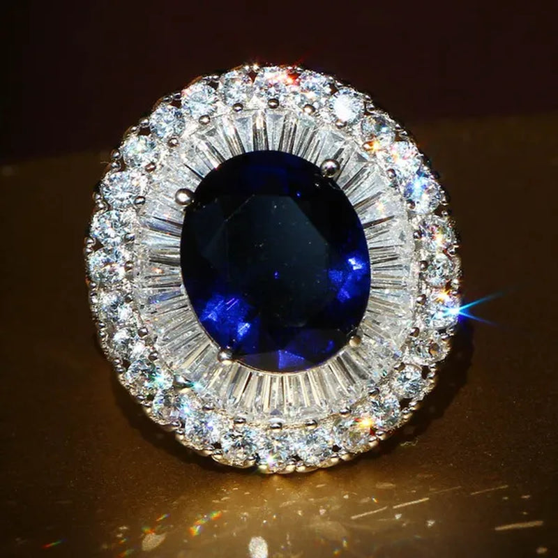 Elegant  Silver Sapphire & White Sapphire Birthstone Gemstones Engagement Wedding Anniversary Ring Size 6 7 8 9 10
