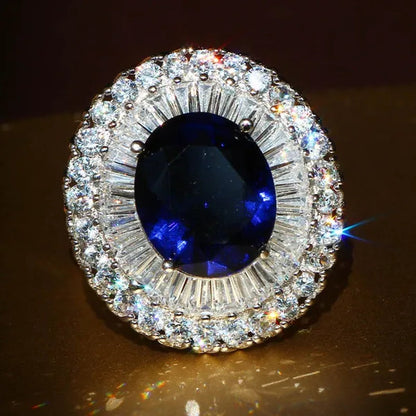 Elegant  Silver Sapphire & White Sapphire Birthstone Gemstones Engagement Wedding Anniversary Ring Size 6 7 8 9 10