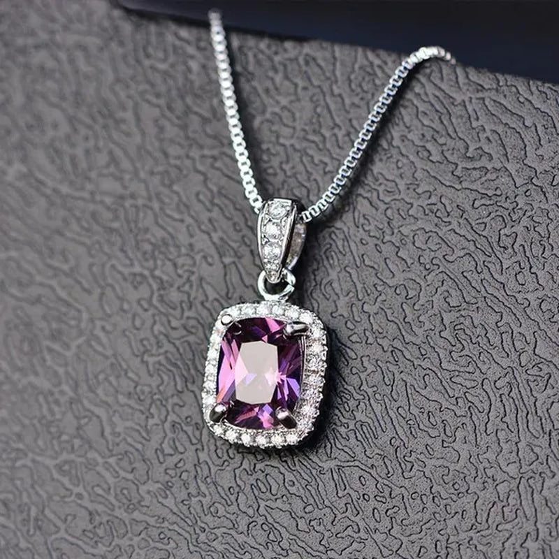 New Style Fashion Necklace for Women Silver Plated Lab Diamond 4 Prong Setting Cushion Cut White Sapphire Pendant Necklace