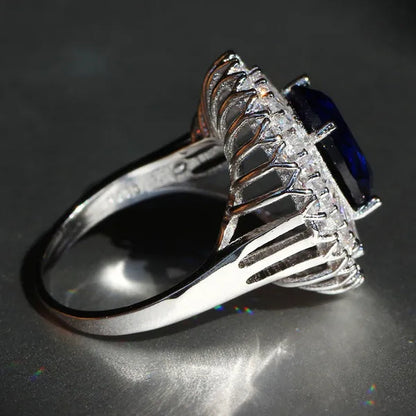 Elegant  Silver Sapphire & White Sapphire Birthstone Gemstones Engagement Wedding Anniversary Ring Size 6 7 8 9 10