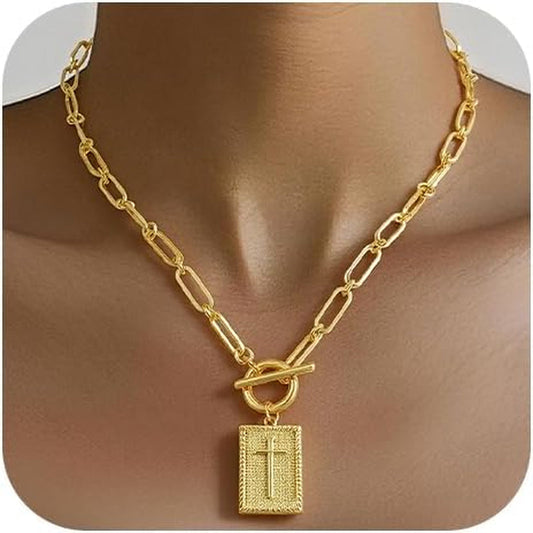Cross Necklace for Women, No Tarnish 14K Gold Plated Necklace with Cross Pendant Paperclip Chain Toggle Clasp, Religious Christian Faith Jewelry, Necklace Gifts for Women Birthday, Christmas
