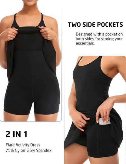 Womens Tennis Dress, Workout Dress with Built-In Bra & Shorts Pockets Exercise Dress for Golf Athletic Dresses for Women