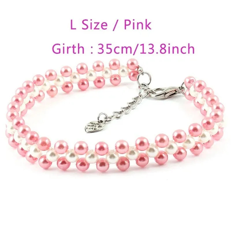 Three Rows Pearl Linked Beads Pet Dog Heart Pendant Puppy Collar Necklace S/M/L Size
