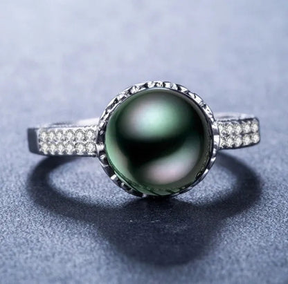 Silver Black Pearl & White Topaz Engagement Ring Jewelry