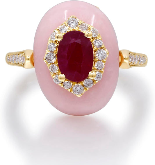 14K Yellow Gold Mozambique Genuine Ruby and Pink Opal Ring with Diamonds for Women | Ethically, Authentically & Organically Sourced (Oval-Cut) Shaped Ruby Hand-Crafted Jewelry for Her | Ruby Ring for Women