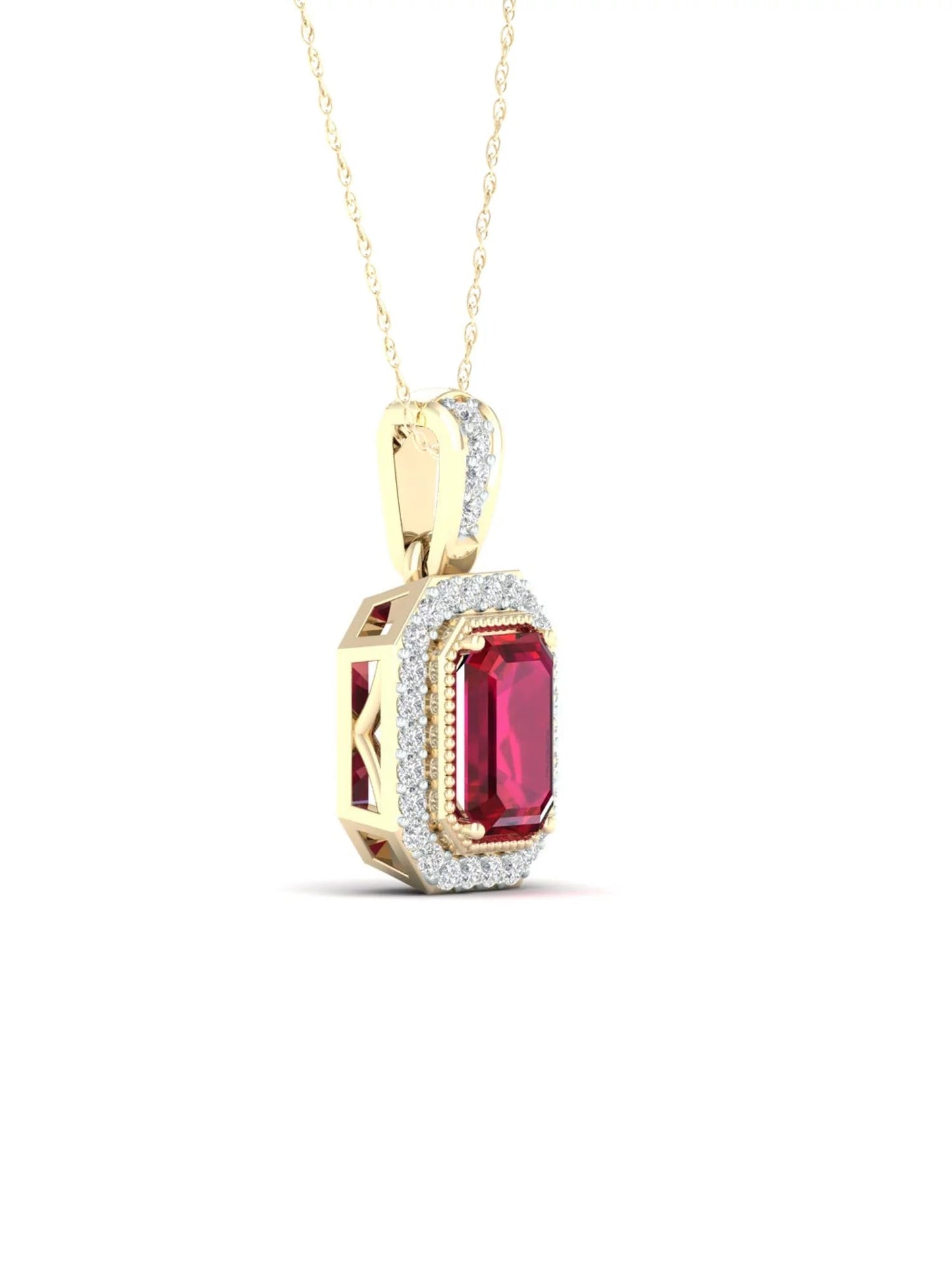 Gemstone 10K Yellow Gold Emerald Cut Ruby 1/10 CT TW Diamond Halo Necklace