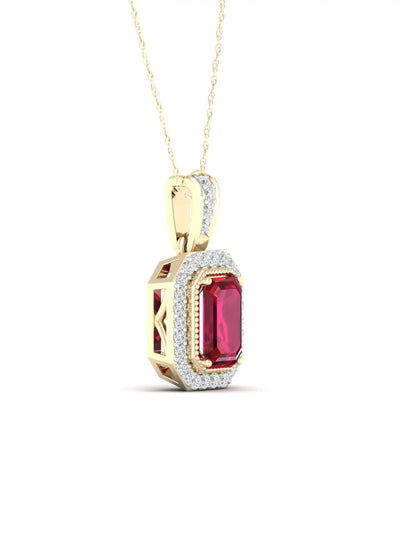 Gemstone 10K Yellow Gold Emerald Cut Ruby 1/10 CT TW Diamond Halo Necklace