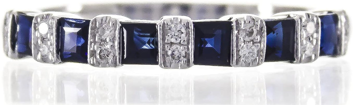 14K White Gold Genuine Blue Sapphire Ring with Diamonds for Women | Ethically, Authentically & Organically Sourced (Square-Cut) Shaped Sapphire Hand-Crafted Jewelry for Her | Sapphire Ring for Women