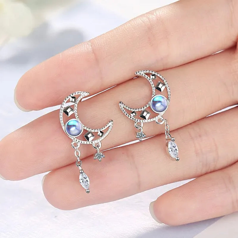 925 Sterling Silver Hollow Moon Zircon Tassel Dangle Earring Elegant Colorful Moonstone Earring for Women Jewelry
