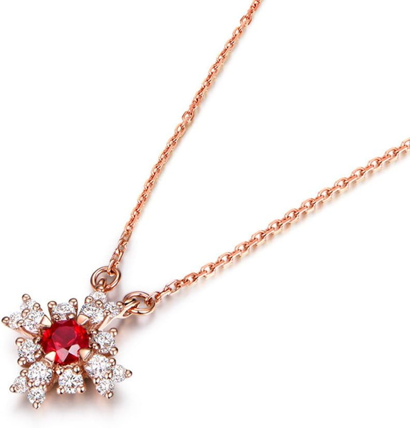 Natural Red Ruby Diamond Pendant Solid 14K Rose Gold Antique 925 Sterling Silver Necklace Chain Retro