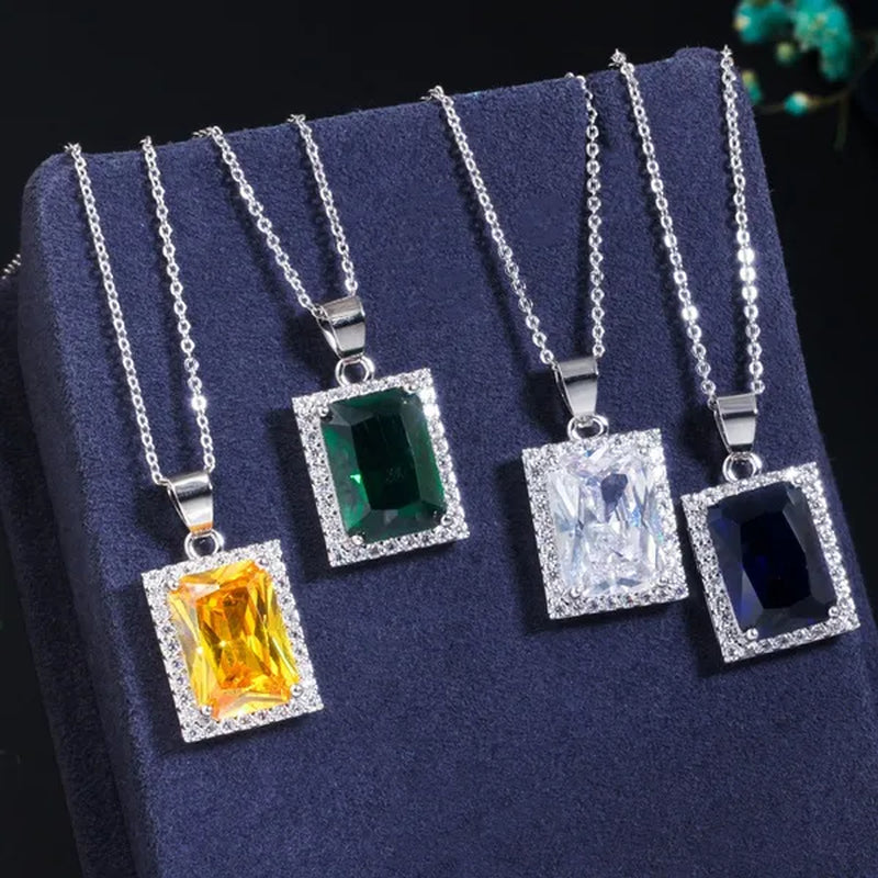 Gloriya Elegant Purple CZ Square Pendant Chain Necklace Earrings and Ring Set Women Fashion Silver Plated Jewellery Sets for Best Gifts