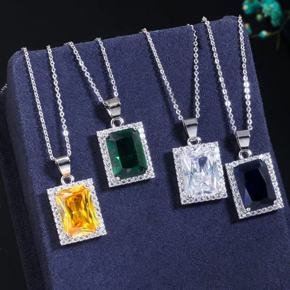 Gloriya Elegant Purple CZ Square Pendant Chain Necklace Earrings and Ring Set Women Fashion Silver Plated Jewellery Sets for Best Gifts