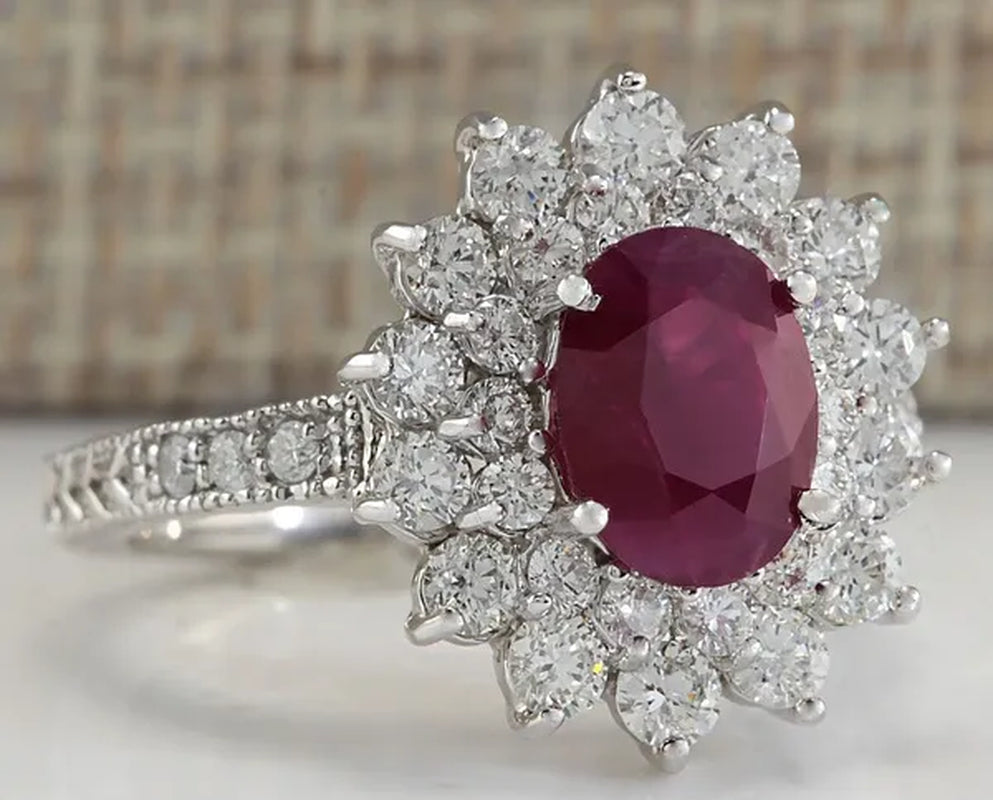 Noble Brand Jewelry Natural 5.86CT Red Ruby Gemstone 925 Sterling Silver Ring