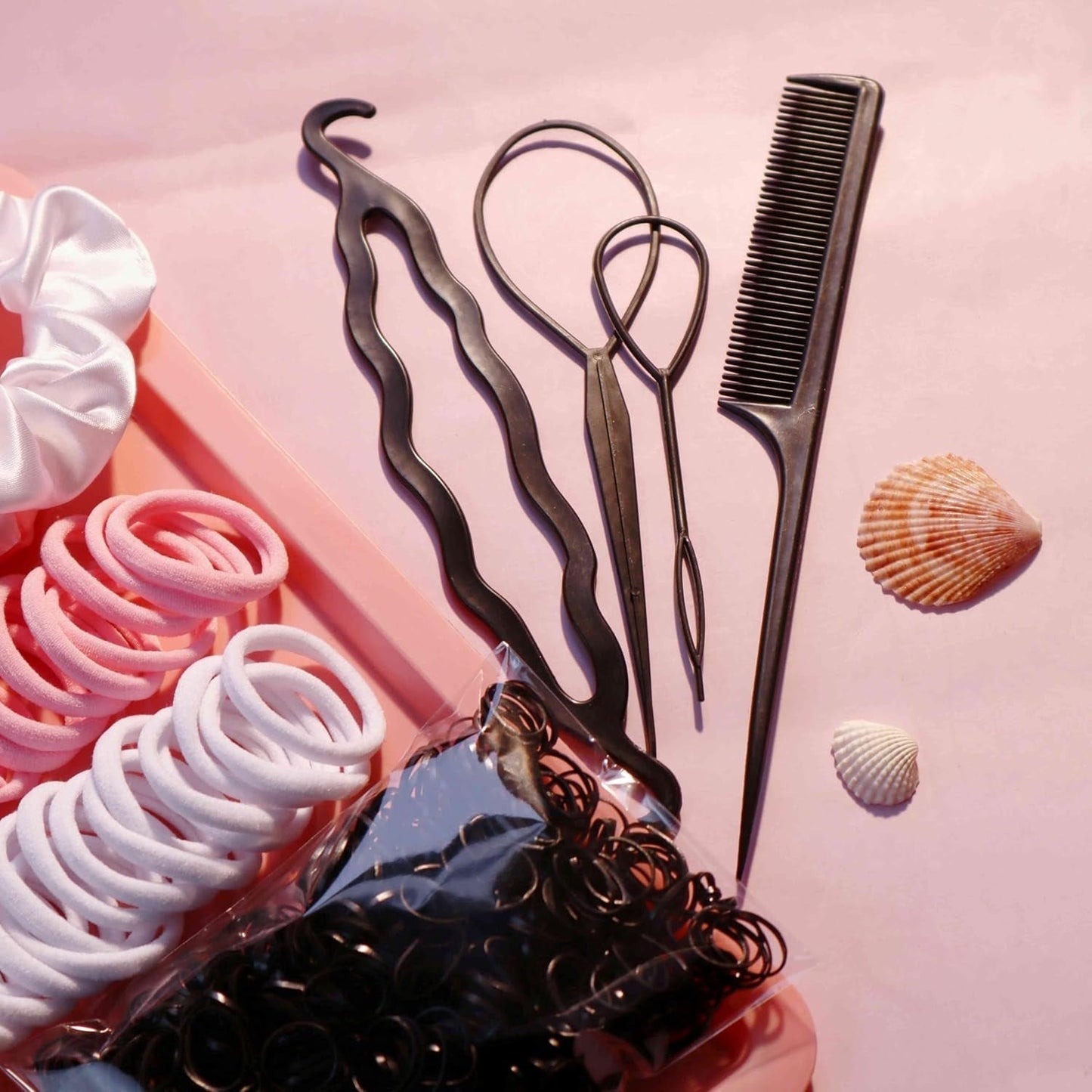Hair Accessories Set: 755PCS Seamless Ponytail Holders, Scrunchies, Hair Bands, and Hair Ties for Thick and Curly Hair (Gradient Powder)