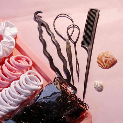 Hair Accessories Set: 755PCS Seamless Ponytail Holders, Scrunchies, Hair Bands, and Hair Ties for Thick and Curly Hair (Gradient Powder)