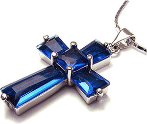 Cross Pendant with 18" Chain & Trapezoid Square Cut CZ [7 Colors Available] in White Gold Plated, Simple Modern Elegant