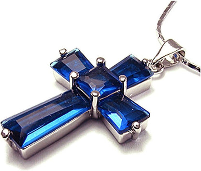Cross Pendant with 18" Chain & Trapezoid Square Cut CZ [7 Colors Available] in White Gold Plated, Simple Modern Elegant