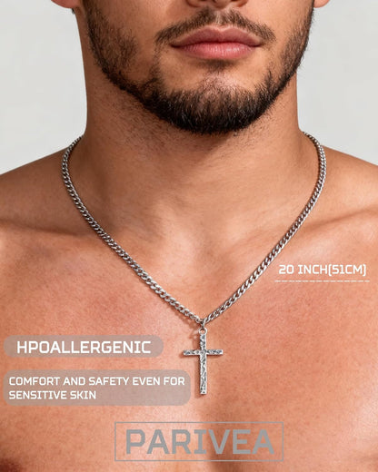 925 Sterling Silver Cross Necklace Men - Oxidized Hammered Cross Pendant with Stainless Steel Cuban Link Curb Chain Vintage Unique Crucifix Necklaces Silver Jewelry for Mens Women 16-30 Inches - WORLD TIME VISITS