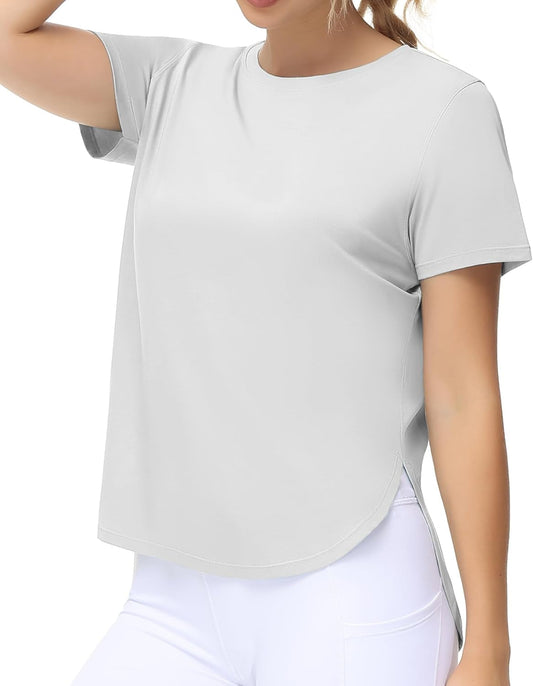 Women'S Workout T-Shirts Loose Fit Short Sleeve Cotton Running Basic Tee Tops with Split Hem - WORLD TIME VISITS