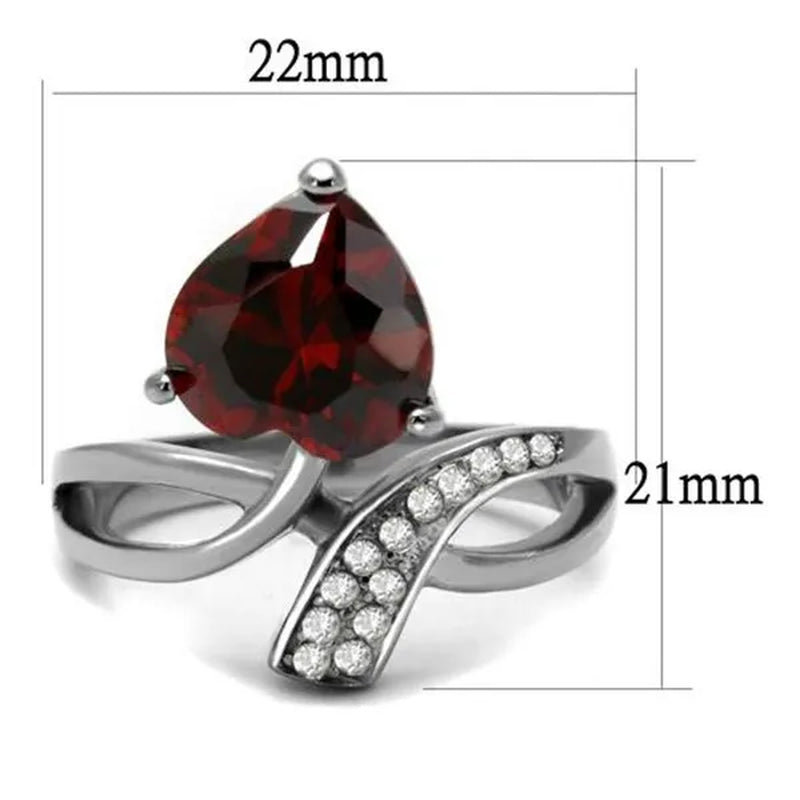 3.22 Ct Heart Shape Garnet Color Cz Stainless Steel Fashion Ring Women's Size 5-10