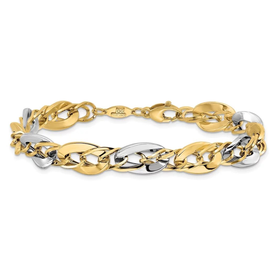 8.25Mm 14K Two Tone Gold Polished Fancy Double Curb Link Bracelet 8 Inch Jewelry for Women
