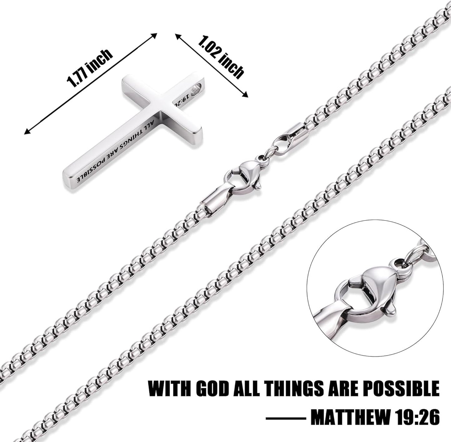 Cross Necklace for Men, Inspirational Bible Verse Cross Chain for Men, Stainless Steel Box Necklace, Religious Christian Jewelry Gift