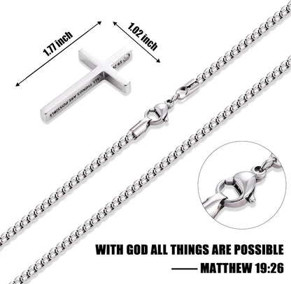 Cross Necklace for Men, Inspirational Bible Verse Cross Chain for Men, Stainless Steel Box Necklace, Religious Christian Jewelry Gift