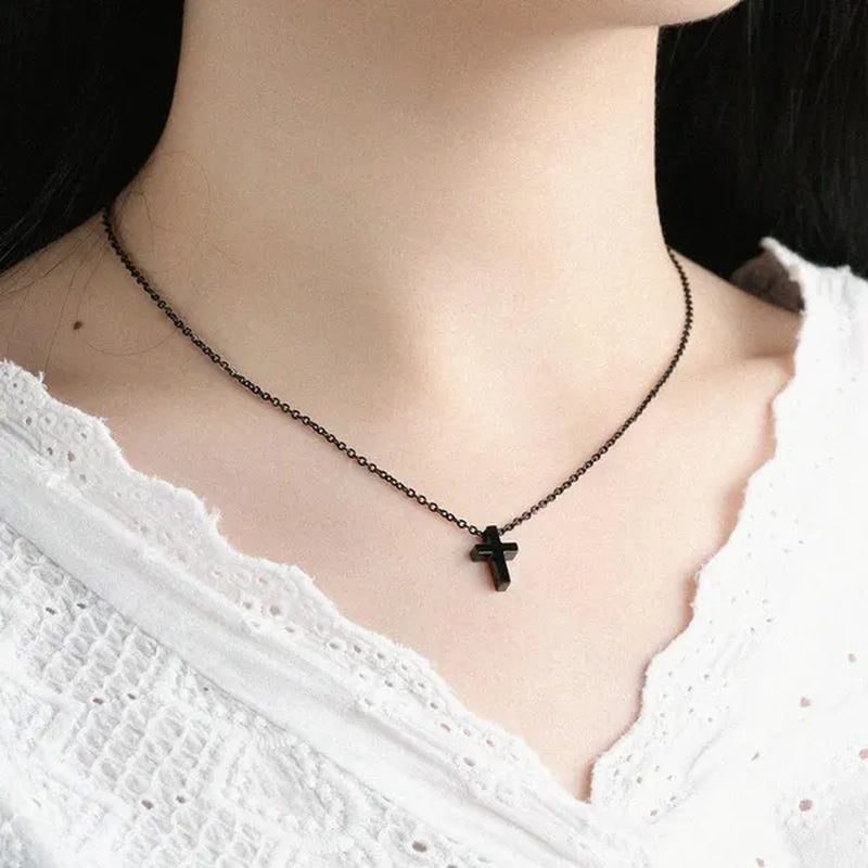 Simple Style Titanium Steel Silver / Black / Rose Gold Exquisite Tiny Cross Pendant Choker Necklaces New Elegant Charm Clavicle Chain Necklace for Women Girl Jewelry 45Cm Chain