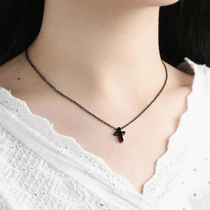 Simple Style Titanium Steel Silver / Black / Rose Gold Exquisite Tiny Cross Pendant Choker Necklaces New Elegant Charm Clavicle Chain Necklace for Women Girl Jewelry 45Cm Chain
