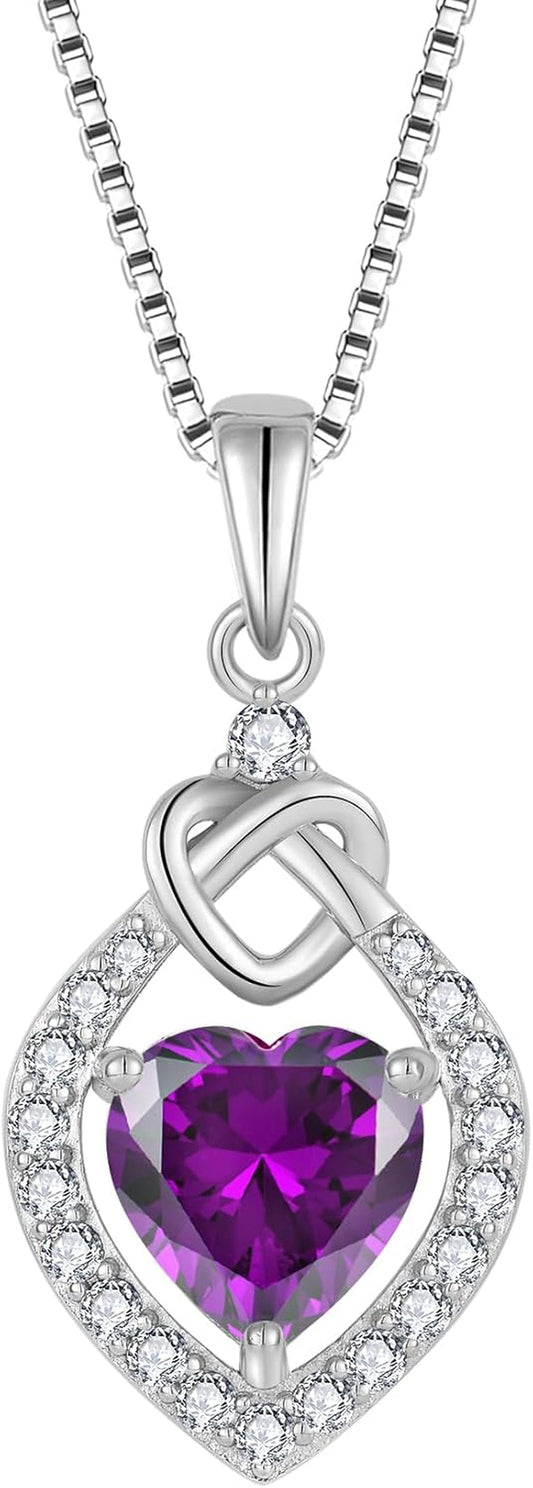 Love Knot Necklace 925 Sterling Silver Heart Birthstone Jewelry for Women