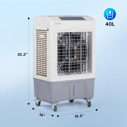 10.5Gallon Evaporative Air Cooler, 2600CFM Portable Swamp Cooler with Remote Control, Oscillation, 3 Speeds, 7.5H Timer & 40L Water Tank, 3-IN-1 Cooling Fan for Home Office Garage Outdoor