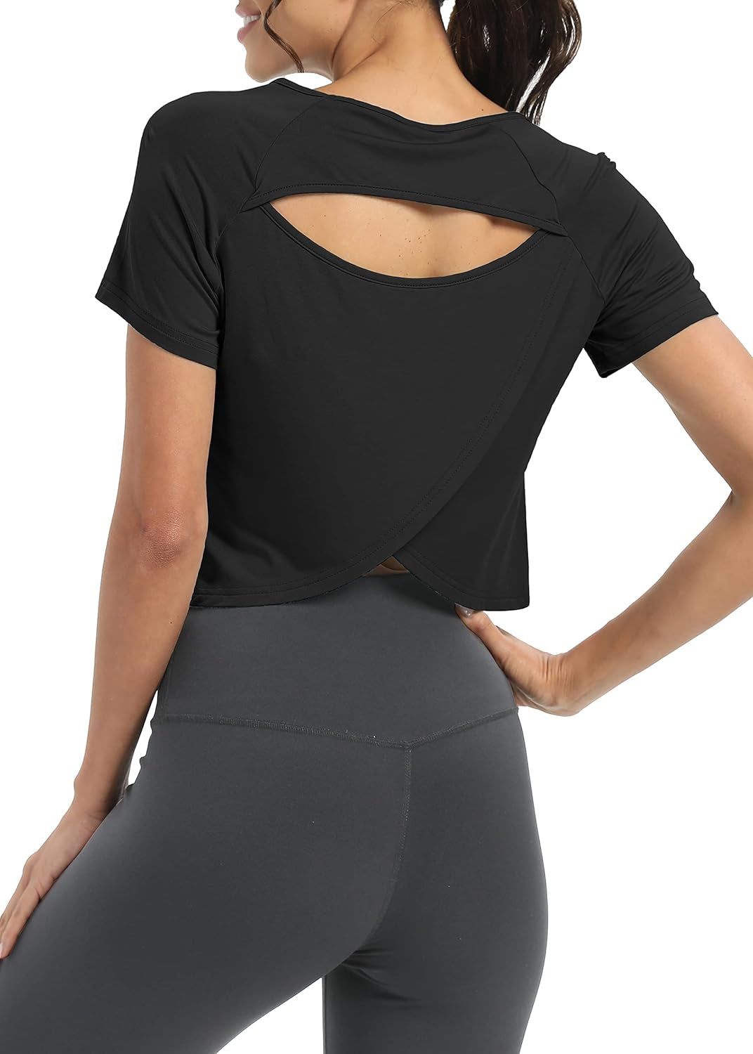 Women Short Sleeve Cross Back Workout Crop Tops Backless Yoga Athletic Gym Shirts