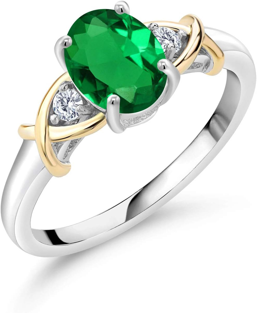 10K Yellow Gold and 925 Sterling Silver Green Nano Emerald and Lab Grown Diamond Engagement Ring for Women | 0.83 Cttw | Oval 8X6MM | Size 5-9 - WORLD TIME VISITS