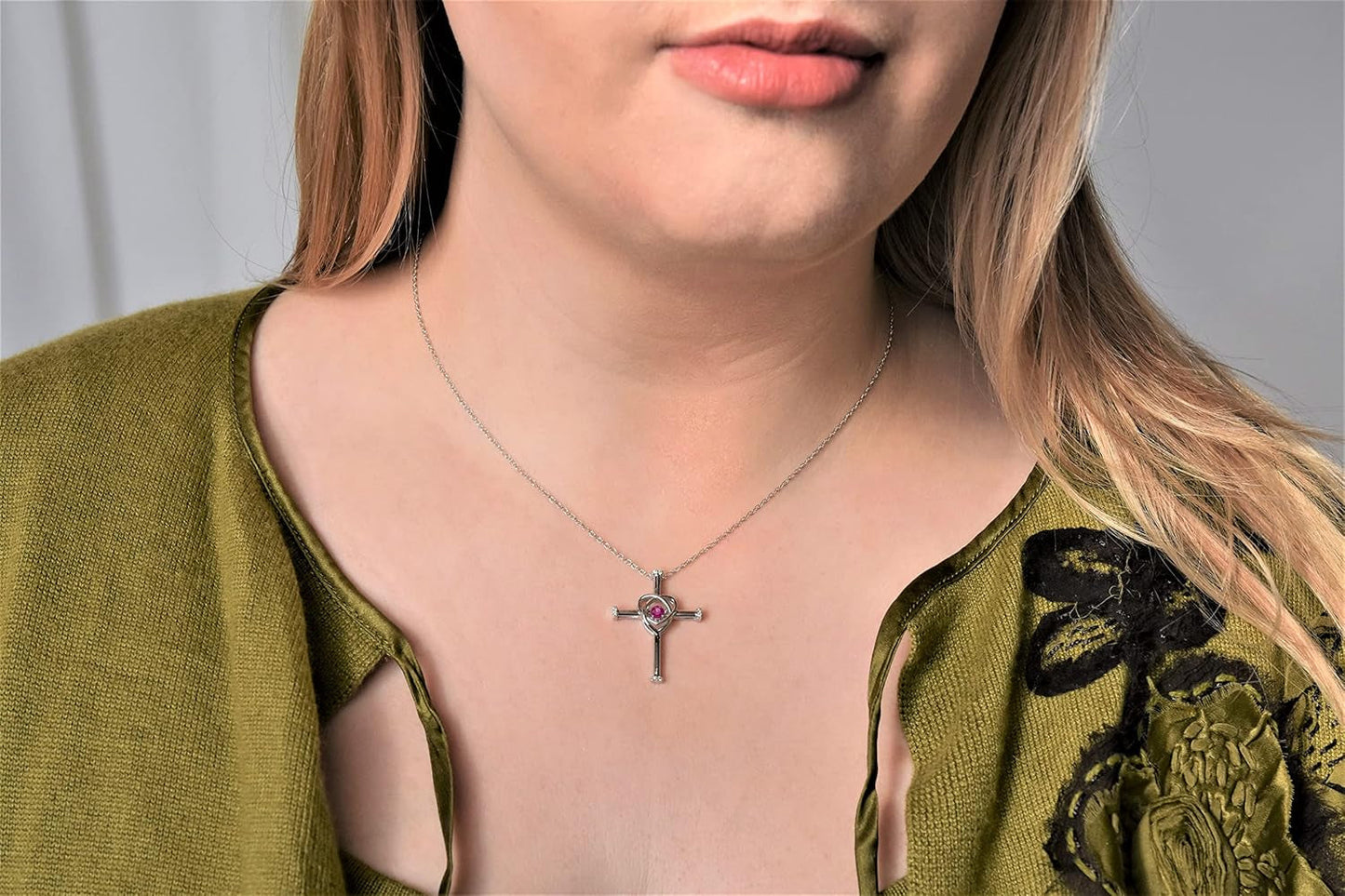 925 Sterling Silver Dancing Birthstone Gemstone & Diamond Orbit Heart Cross Pendant with 18" Rope Chain