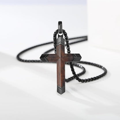 Cross Necklace for Men, Real Ebony Wooden Mens Cross Necklace Black Stainless Steel Christian Handmade Wood Pendant for Men, 24 Inch Box Chain