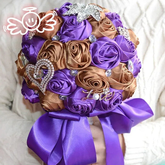 21CM Satin Ribbon Roses Wedding Bouquet Pearl Crystal Brooch Bride Holding Flowers Artificial Rose Wedding Flower Bridesmaid Bouquet. Multi-color Optional