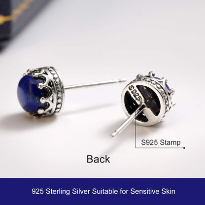 925 Sterling Silver Inlay Gemstone Earrings Crown Design Healing Crystals Studs for Woman Gift