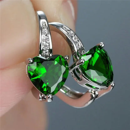 Luxury Women'S Fashion Silver Plated Zircon Earrings Birthstone Hoop Earrings Green Cubic Zirconia Drop Earrings for Women Heart Clip on Earrings Bride Princess Wedding Engagement Earring Anniversary Gift Jewelry