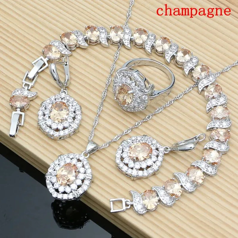 Oval 925 Silver Party Jewelry Sets blue sapphire White CZ Earrings Pendant Necklace Rings Bracelet Gift For Women