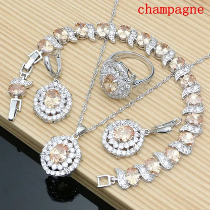 Oval 925 Silver Party Jewelry Sets blue sapphire White CZ Earrings Pendant Necklace Rings Bracelet Gift For Women