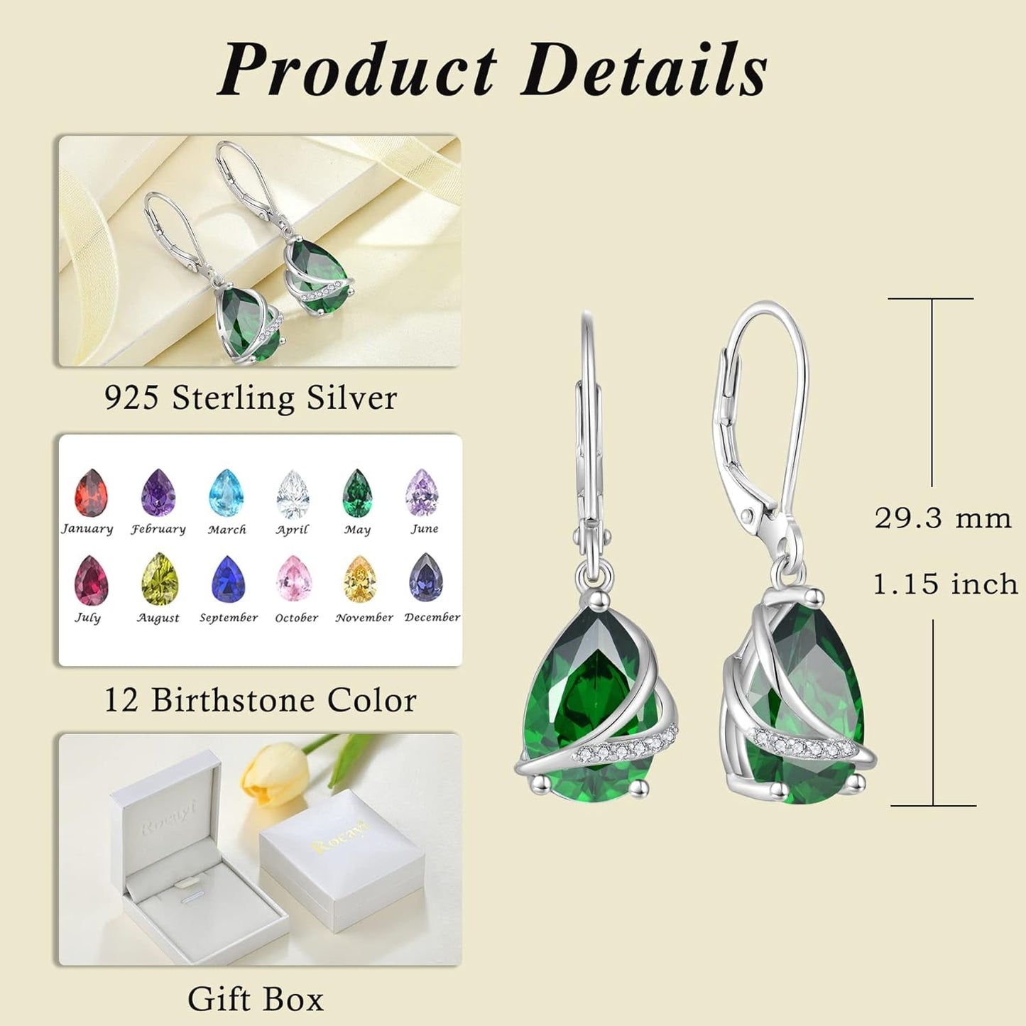 Birthstone Dangle Drop Earrings for Women 925 Sterling Silver Teardrop Leverback Earrings Jewelry Gifts for Wife Girlfriend Mother Daughter Her