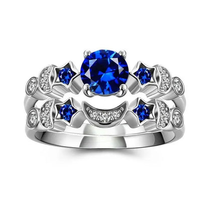 Romantic Moon and Stars Engagement Ring Set 925 Sterling Silver CZ Blue Sapphire Diamond Promise Rings Fashion Cocktail Party Jewelry Bridal Wedding Band Size 6-10