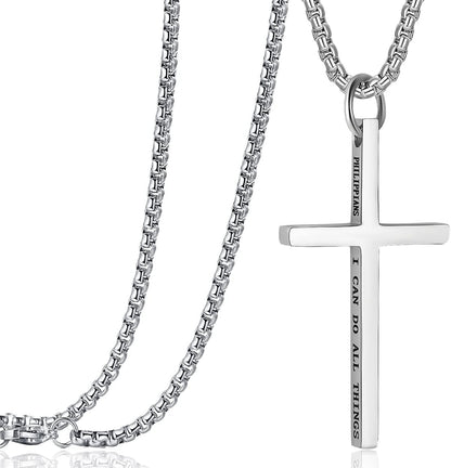 Cross Pendant Necklaces for Men Women Philippians 4:13 Bible Verse I Can Do All Things Stainless Steel Chain 16/20/24/28 Inchs Black Silver Gold - WORLD TIME VISITS