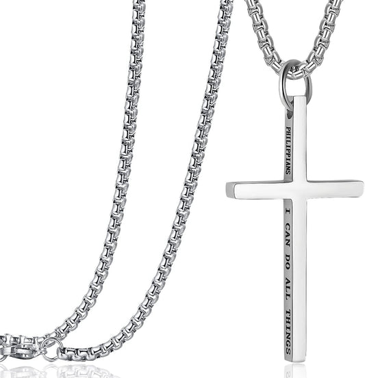 Cross Pendant Necklaces for Men Women Philippians 4:13 Bible Verse I Can Do All Things Stainless Steel Chain 16/20/24/28 Inchs Black Silver Gold - WORLD TIME VISITS