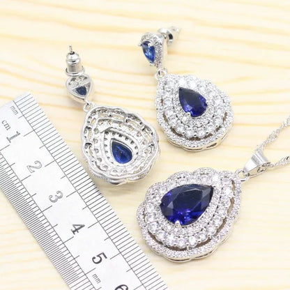 925 Silver Royal Blue Zirconia Wedding Jewelry Set For Women Heart Shape Necklace Pendant Ring Earrings Bracelet S Gift Box