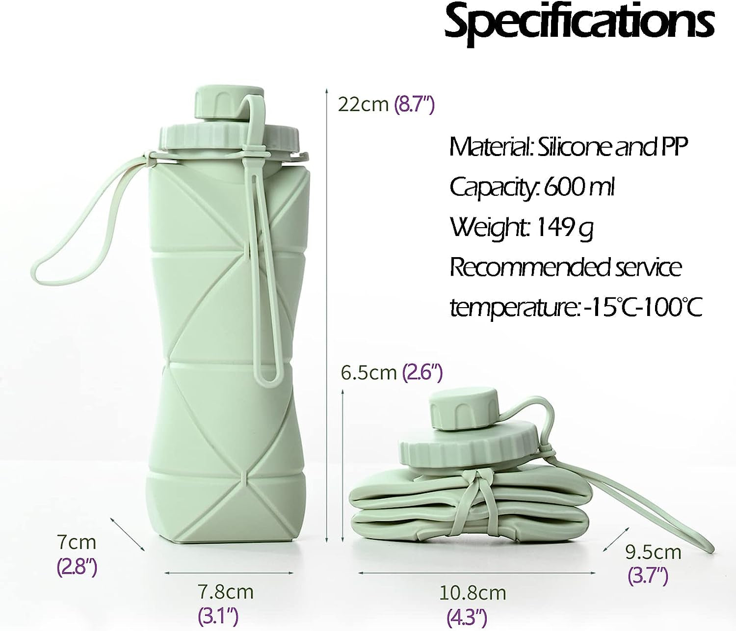 Collapsible Water Bottle, Silicone Foldable Water Bottles for Travel, Easy-To-Carry Design and Compact Size, BPA Free, 20 Oz (Green) - WORLD TIME VISITS