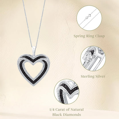 Sterling Silver Necklace with Natural Round-Cut Black Diamond and Heart Shaped Pendant, 18-Inch White Silver Chain, 1/4 Carat Total Weight Diamonds, Elegant Gift Box Included